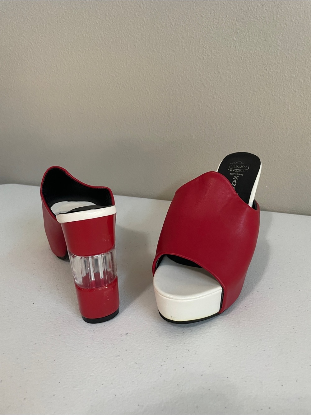 Red Platform Slide Sandals with Clear Block Heel